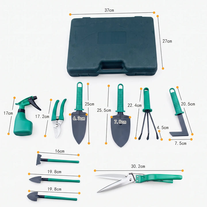 Detailopname van een paars schepje en harkje uit de complete 10-delige tuinierset, essentieel voor tuinbenodigdheden.