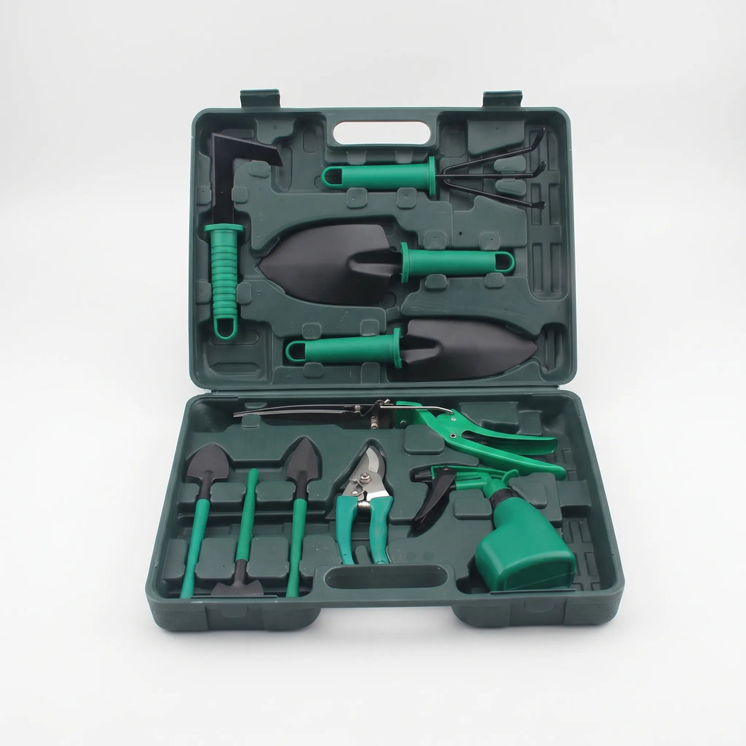 Handige opbergkoffer met complete 10-delige tuinierset, perfect voor het bewaren van tuingereedschap en tuinaccessoires.