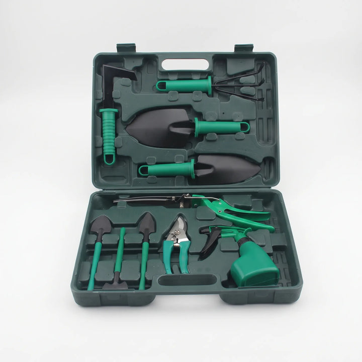 Handige opbergkoffer met complete 10-delige tuinierset, perfect voor het bewaren van tuingereedschap en tuinaccessoires.