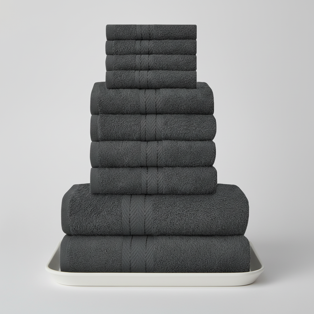 Luxe 10-delige handdoekenset elegant gepresenteerd in een moderne badkamerinrichting.