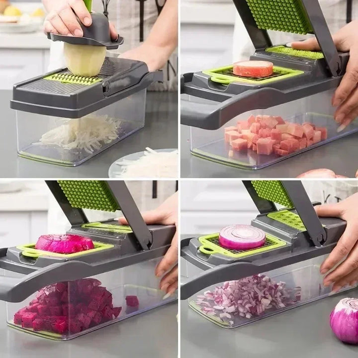 14-in-1 multifunctionele groentesnijder met meerdere messen, ergonomisch design, ideaal voor snijden en raspen van groenten.