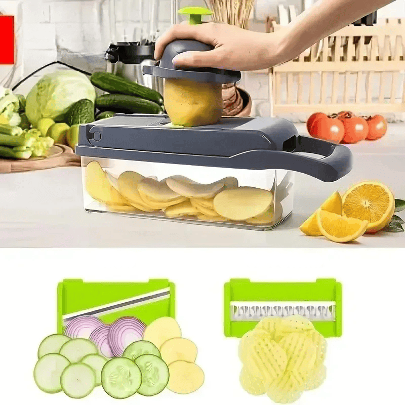 14-in-1 multifunctionele groentesnijder met meerdere messen, ergonomisch design, ideaal voor snijden en raspen van groenten.