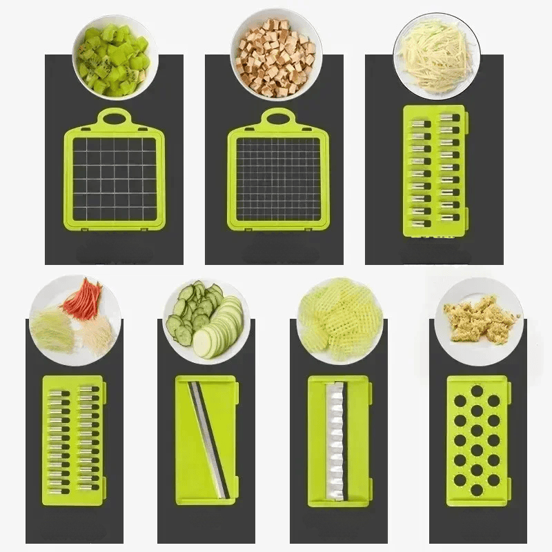 14-in-1 multifunctionele groentesnijder met meerdere messen, ergonomisch design, ideaal voor snijden en raspen van groenten.