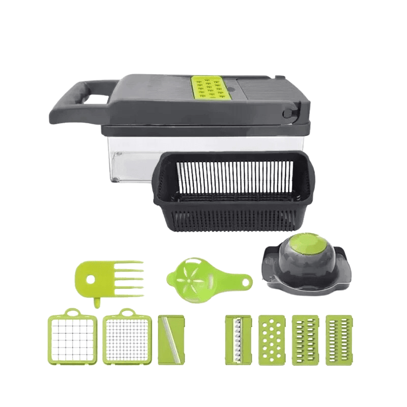 14-in-1 multifunctionele groentesnijder met meerdere messen, ergonomisch design, ideaal voor snijden en raspen van groenten.