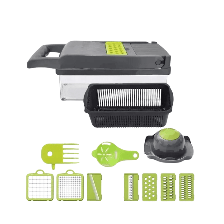 14-in-1 multifunctionele groentesnijder met meerdere messen, ergonomisch design, ideaal voor snijden en raspen van groenten.