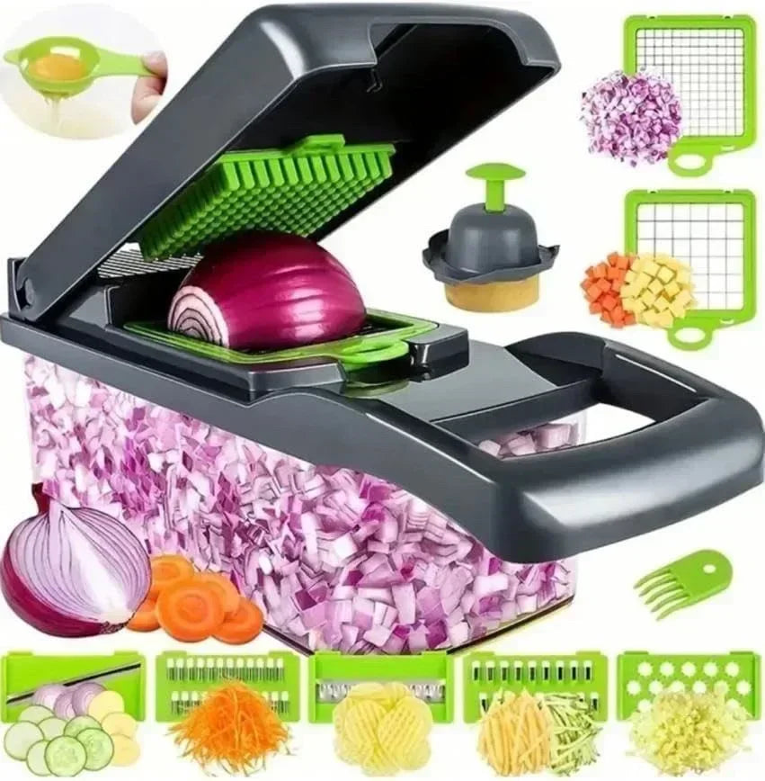 14-in-1 multifunctionele groentesnijder met meerdere messen, ergonomisch design, ideaal voor snijden en raspen van groenten.