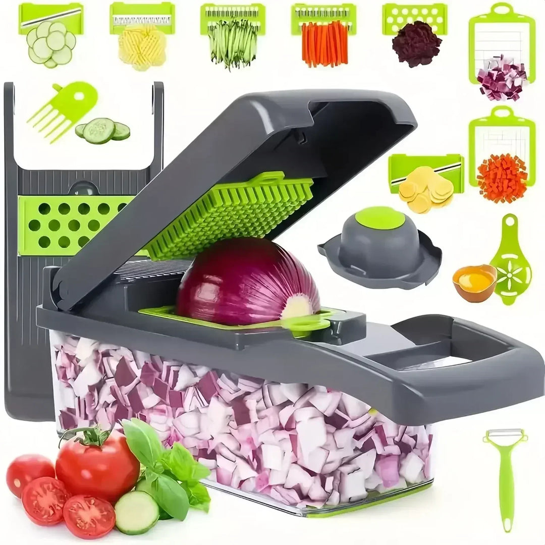 14-in-1 multifunctionele groentesnijder met meerdere messen, ergonomisch design, ideaal voor snijden en raspen van groenten.