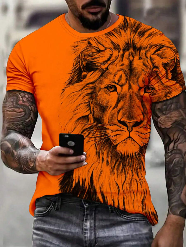 Oranje heren T-shirt met krachtige leeuwenprint. Stijlvolle casual kleding voor trendy zomer streetwear.