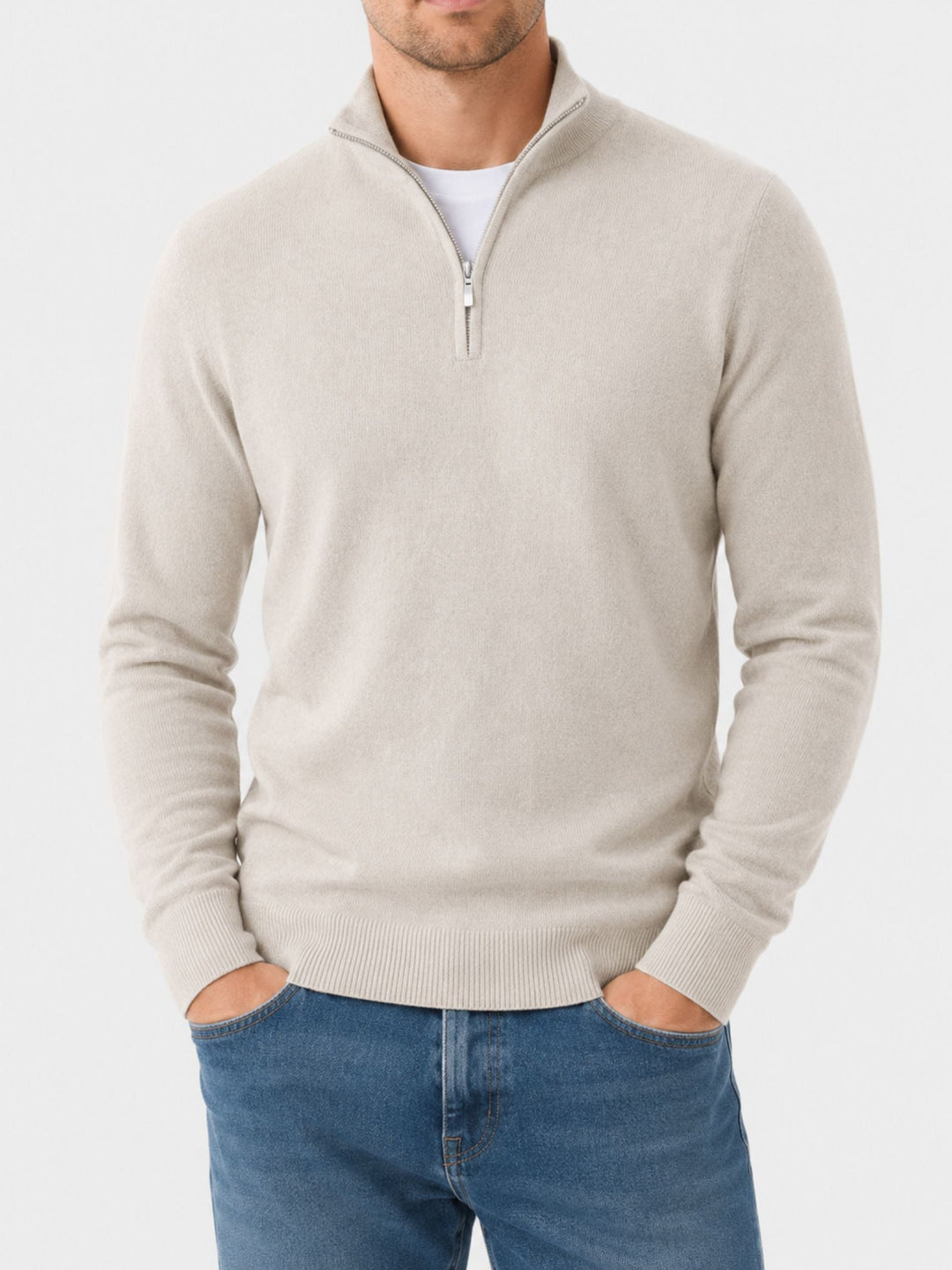 Moderne heren V-hals trui grijs, ritssluiting, ideaal voor lente/herfst casual look.