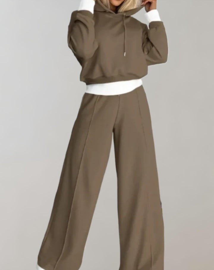 "2-delig huispak, cropped hoodie met lange mouwen en bijpassende broek, stijlvol en comfortabel voor dagelijks gebruik."