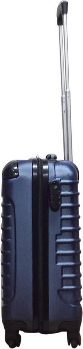 Compacte donkerblauwe hardcase reisset, 2 koffers met 4 wielen en cijferslot voor zorgeloze reizen.