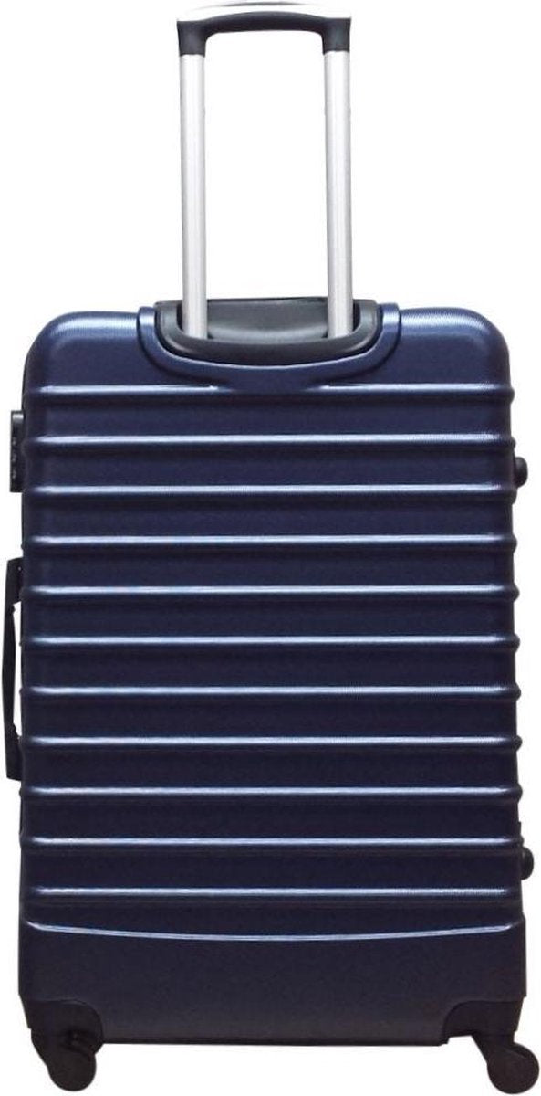 Veilige donkerblauwe hardcase reisbagage set 'Monaco' met geïntegreerd cijferslot en 4 spinner wielen.