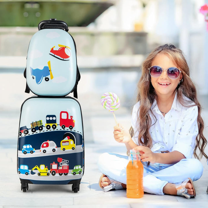 Harde kindertrolley met 360° wielen en bijpassende kinderrugzak, beide met een vrolijke helikopter.
