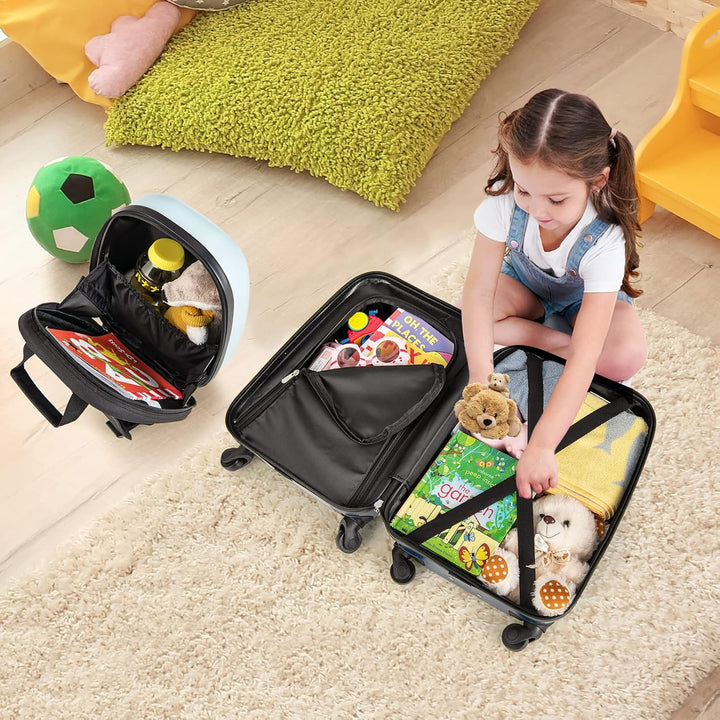 Complete 2-delige reisbagage set voor kinderen: harde koffer en rugzak met helikopter dessin.