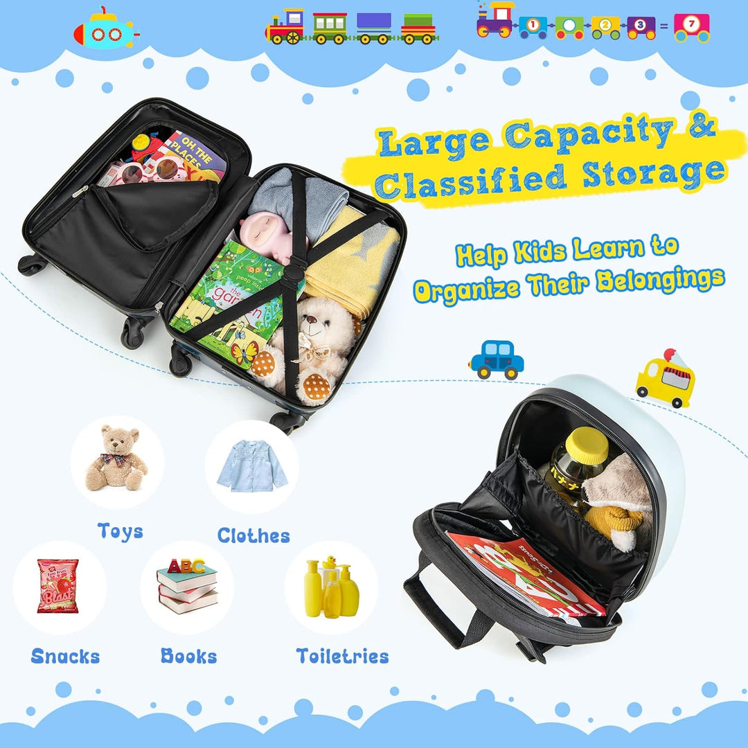 Vrolijke kinder trolley koffer en rugzak met helikopter thema. Duurzaam en makkelijk in gebruik voor kids.
