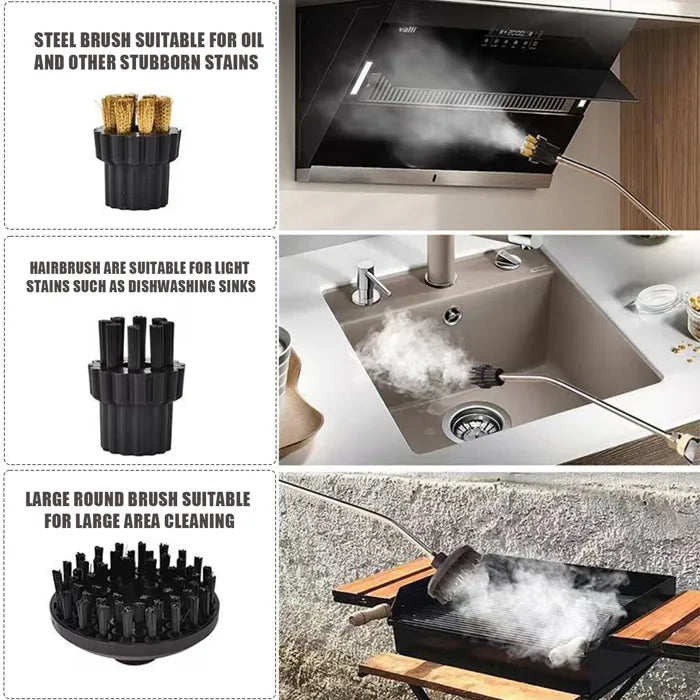 2500W stoomreiniger pakt vet en vuil aan in de keuken, ideaal voor kookplaten en afzuigkappen, veilig en efficiënt.
