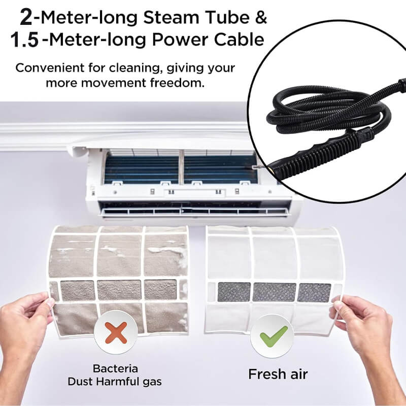 Compacte en draagbare 2500W stoomreiniger, ergonomisch design voor eenvoudig en efficiënt schoonmaken in huis.