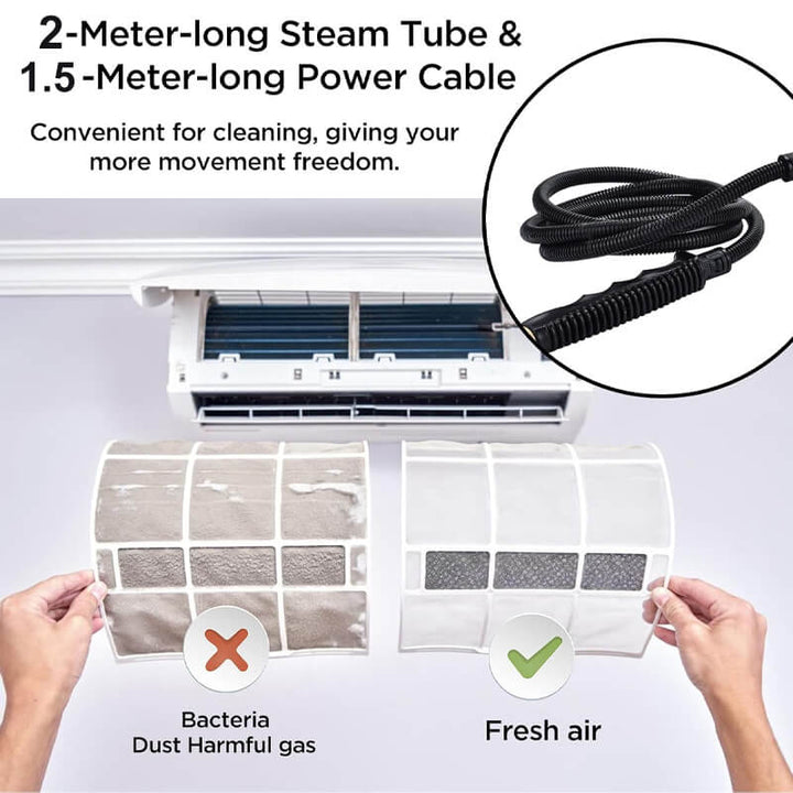 Compacte en draagbare 2500W stoomreiniger, ergonomisch design voor eenvoudig en efficiënt schoonmaken in huis.