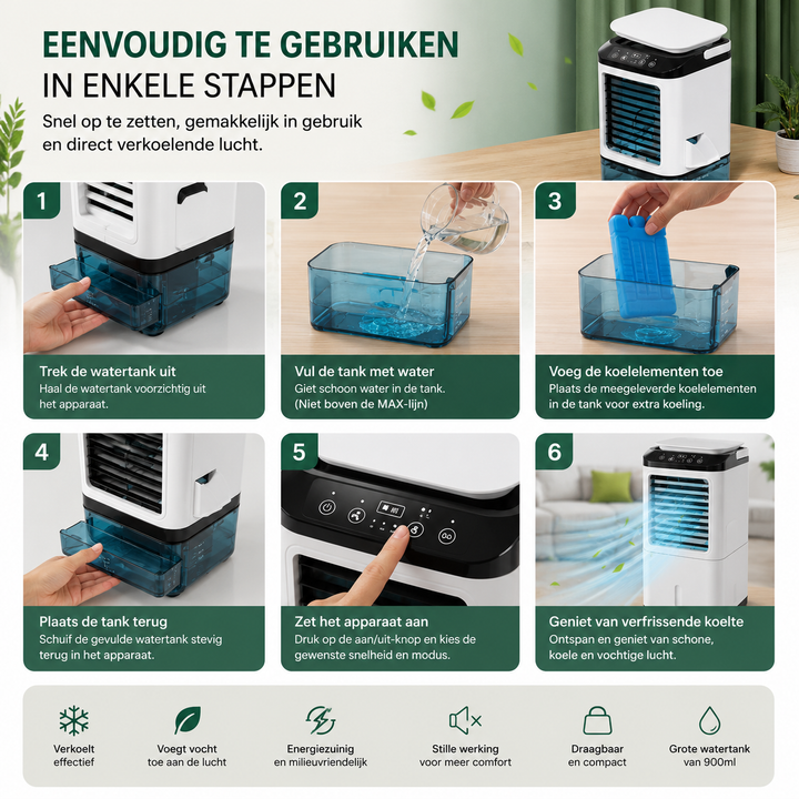 Draagbare Airconditioner met Ultrasone Koeling | 3 Snelheden voor Optimaal Comfort