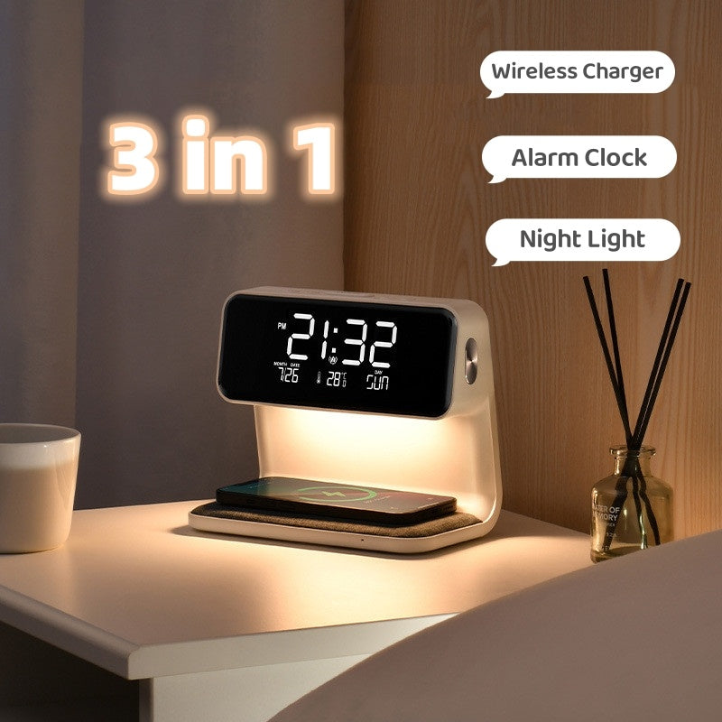 3-in-1 tafellamp met draadloze oplader, wekker en dimbare LED verlichting voor slaapkamer of bureau.