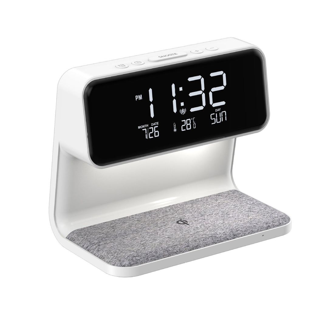Wekker display en touch controls van de 3-in-1 tafellamp met draadloze oplader en LED nachtverlichting.