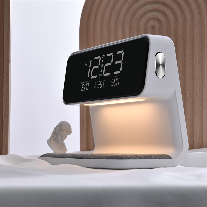 Praktische bureau tafellamp met LED verlichting, ingebouwde wekker en draadloze oplader voor efficiënte werkplek.