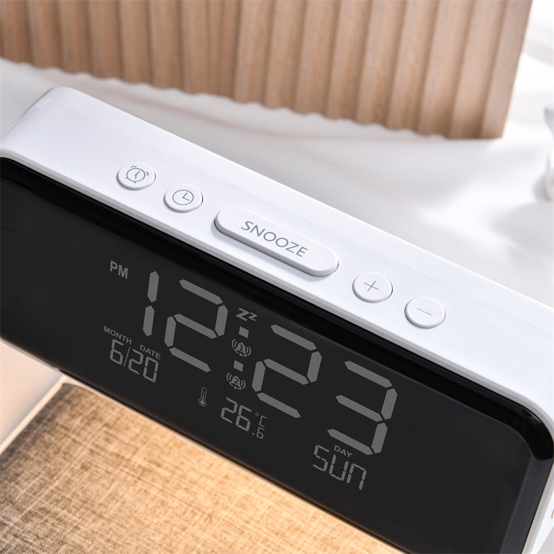 Smart home tafellamp met touch dimmer, wekker en snelle draadloze oplader voor smartphone en wearables.