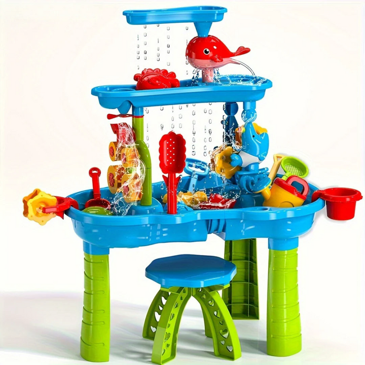 "3-laagse SplashTower zand- en watertafel met kleurrijke vakken voor creatief spelplezier, perfect voor zonnige dagen."