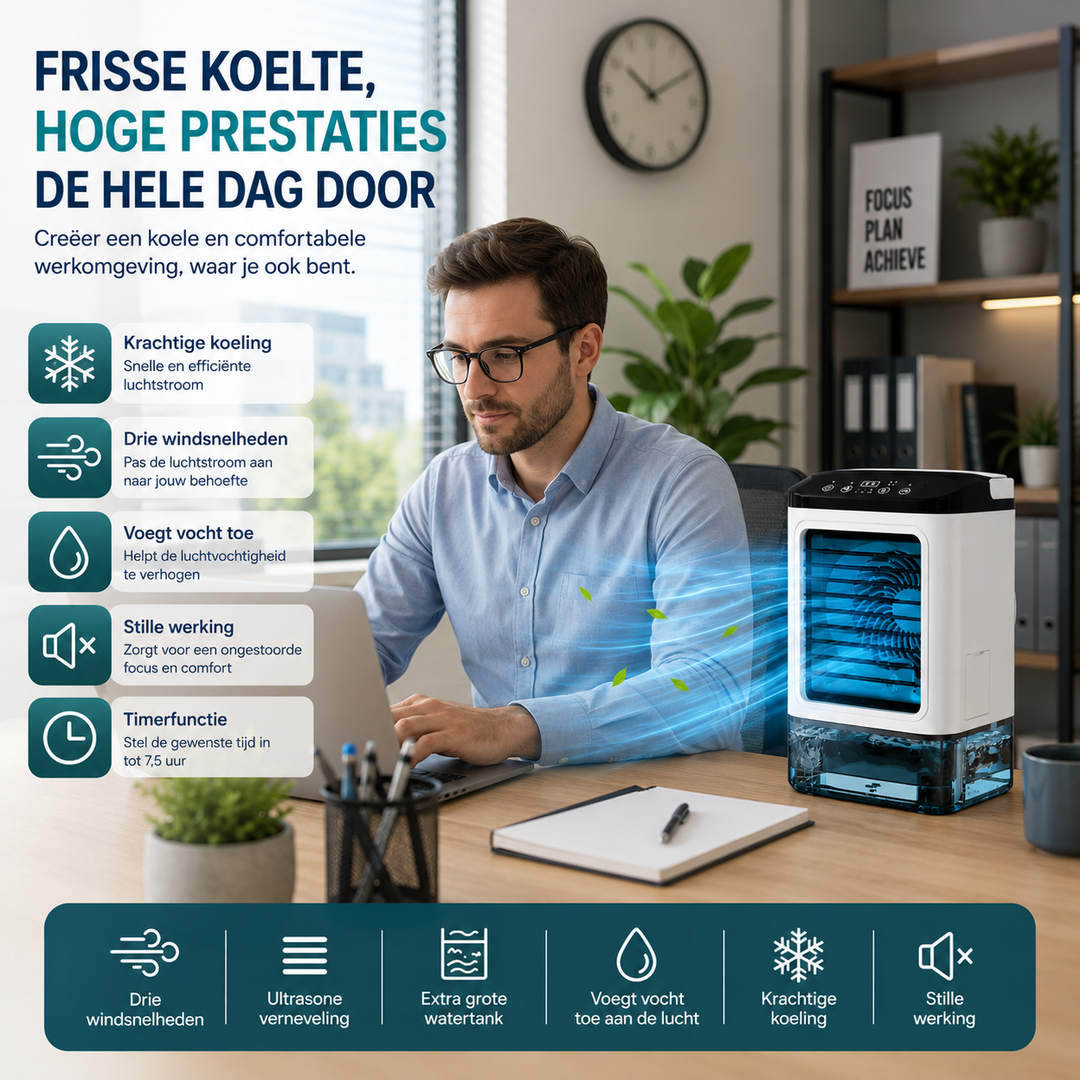 Draagbare Airconditioner met Ultrasone Koeling | 3 Snelheden voor Optimaal Comfort