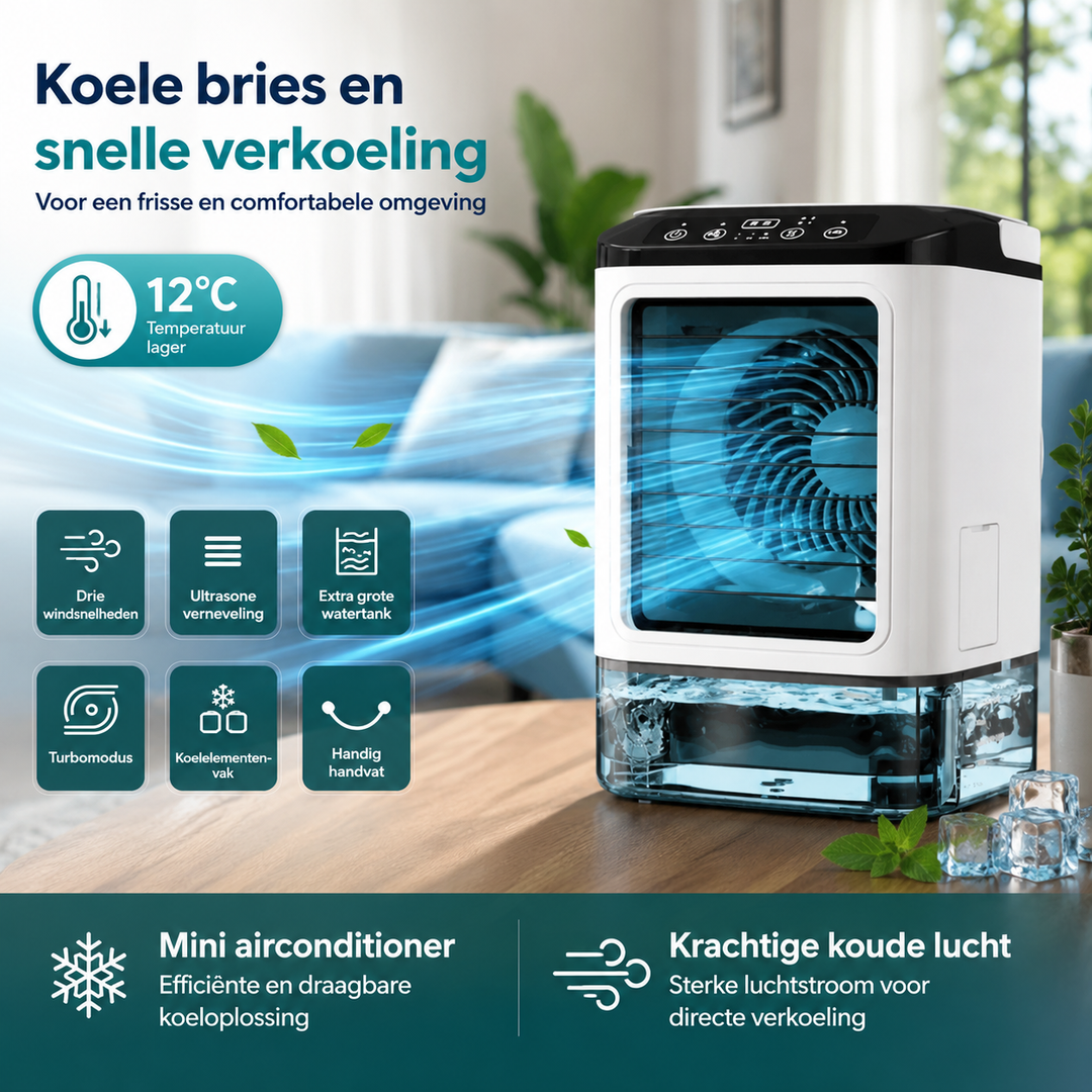 Draagbare Airconditioner met Ultrasone Koeling | 3 Snelheden voor Optimaal Comfort