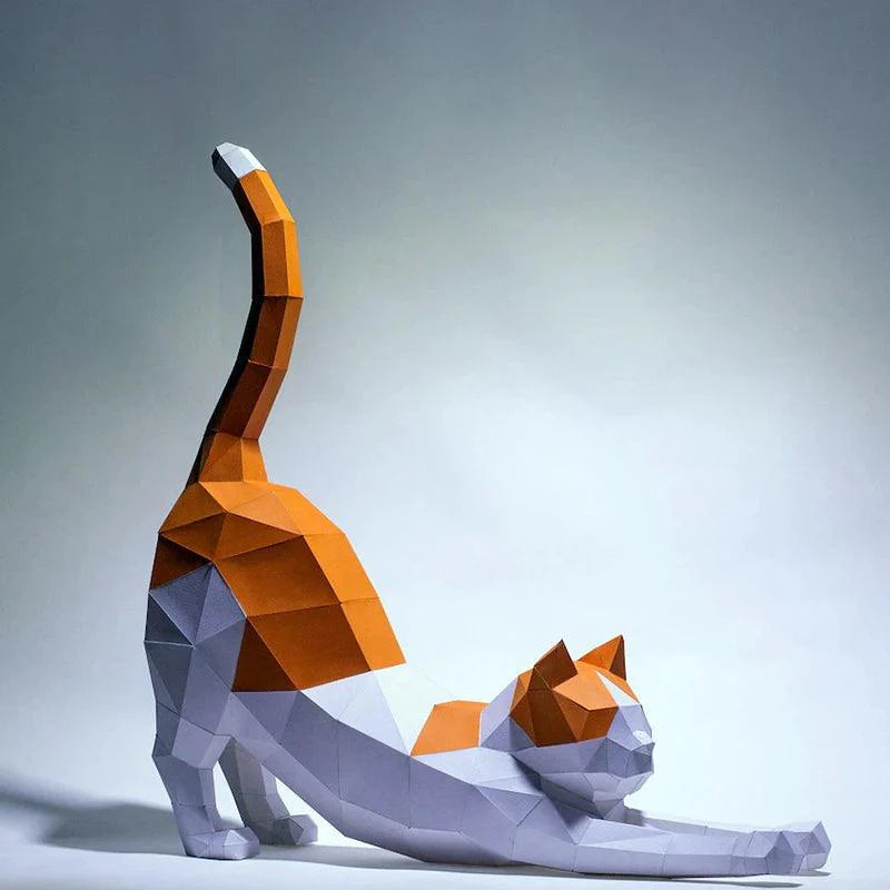 "3D papercraft kat model, DIY decorstuk, 62cm hoog, modern en uitgerekt design voor stijlvol huisdecor."