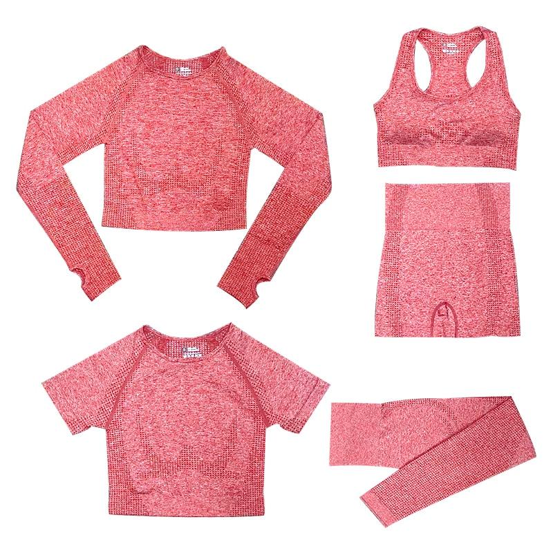 "5-delige dames sportset, met trendy top en hoge taille legging, perfect voor stijl en comfort tijdens elke activiteit."