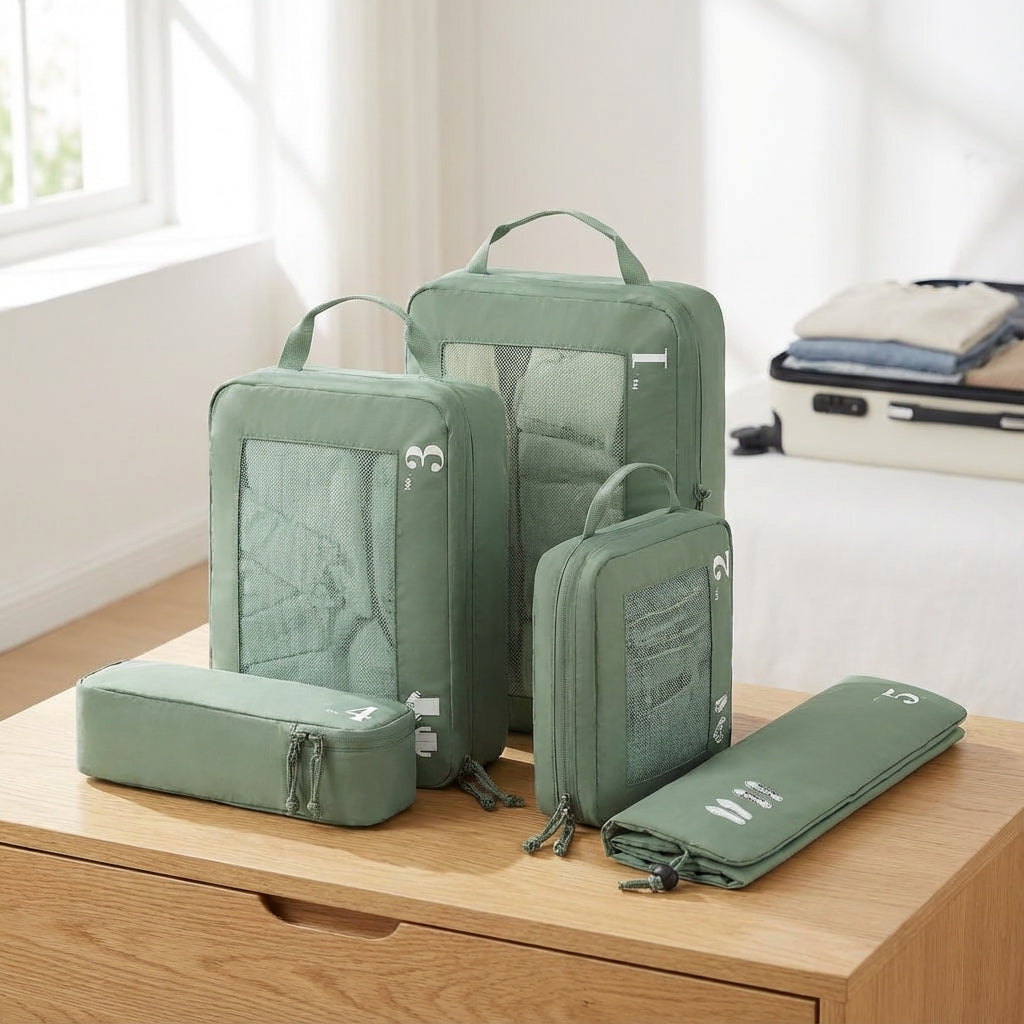 5-delige set ruimtebesparende koffer organizers voor efficiënt inpakken van bagage.