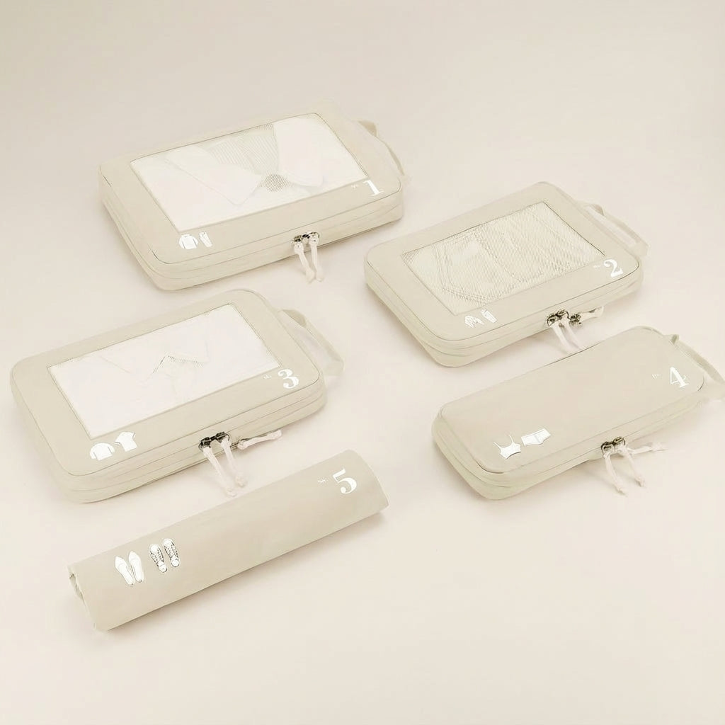 Overzichtelijke OrgaSwift 5-delige koffer organizer set, jouw oplossing voor een geordende en compacte koffer.