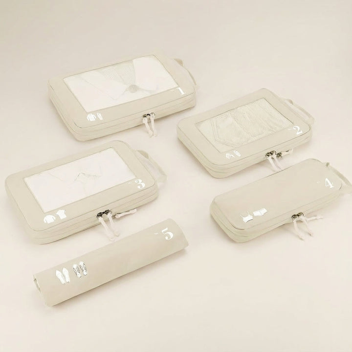 Overzichtelijke OrgaSwift 5-delige koffer organizer set, jouw oplossing voor een geordende en compacte koffer.