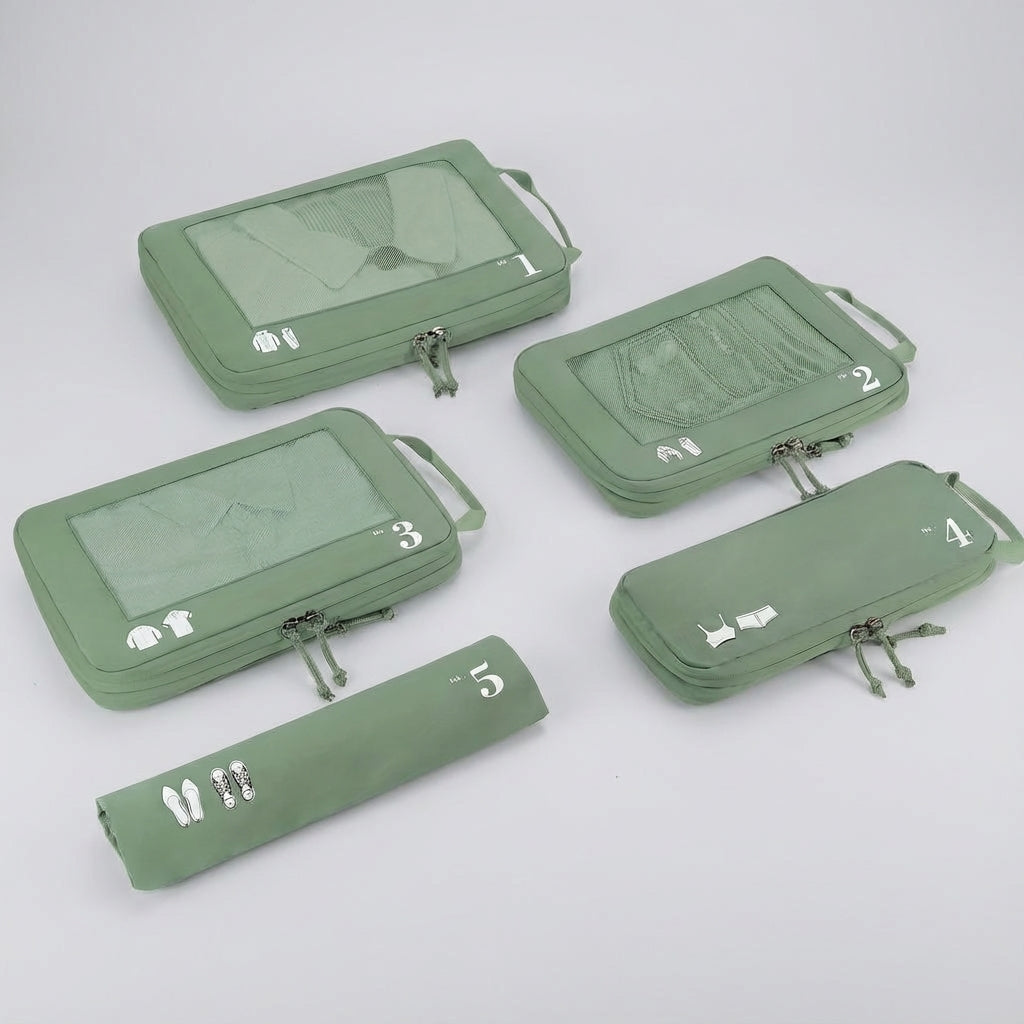 Ruimtebesparende koffer organizers (5-delig) voor moeiteloos inpakken van handbagage en reiskoffer.