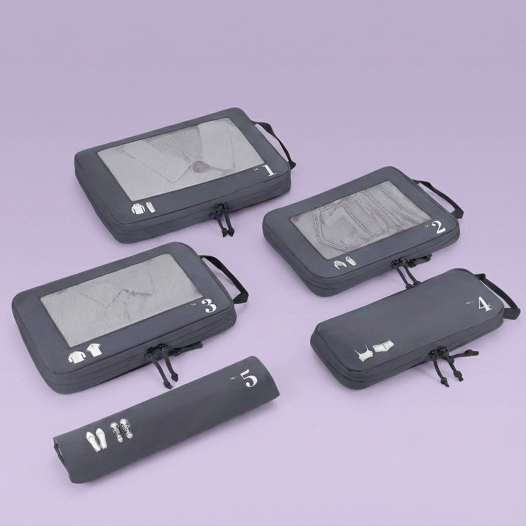 Set van 5 verschillende formaten koffer organizers, perfect voor diverse items en optimale bagage-indeling.