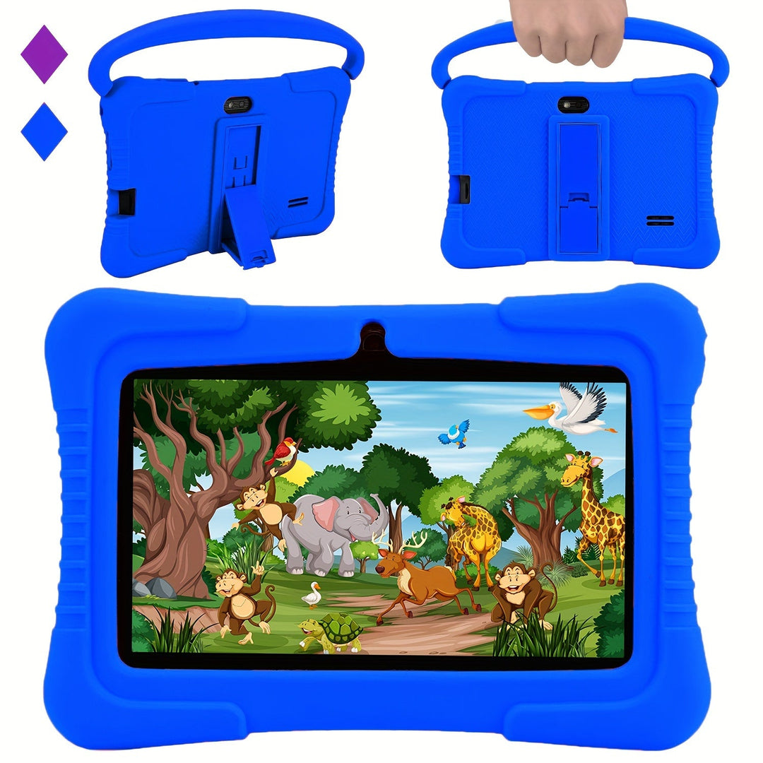"7 inch kindertablet met oogbescherming, kleurrijk scherm en oudercontrole, ideaal voor kinderen, in siliconen hoes."