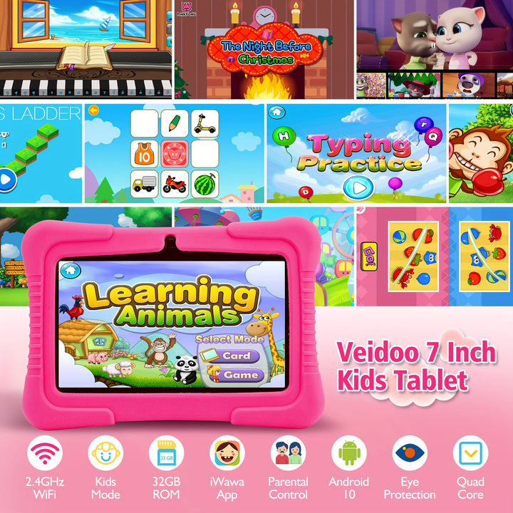 "7 inch kindertablet met oogbescherming, kleurrijk scherm en oudercontrole, ideaal voor kinderen, in siliconen hoes."