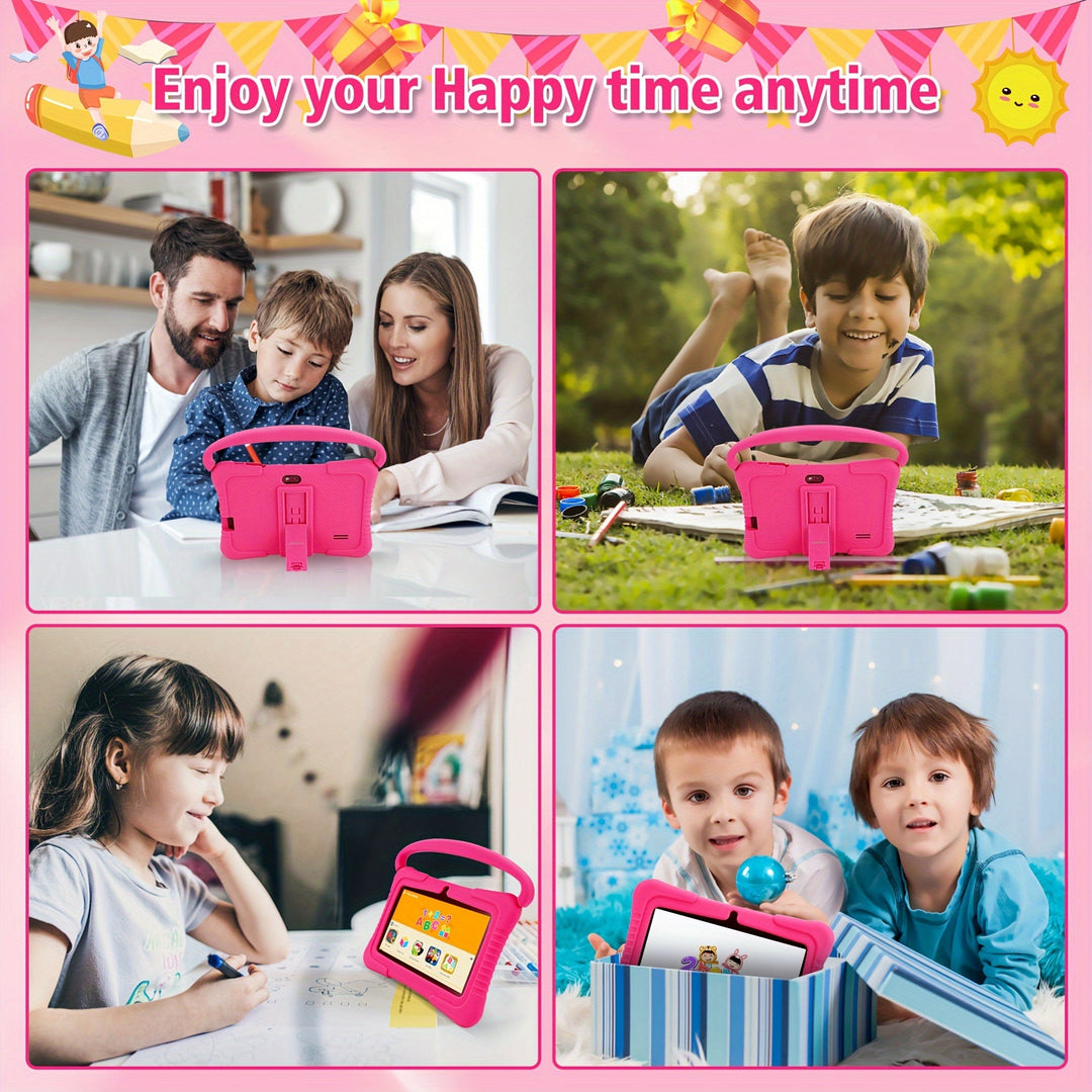 "7 inch kindertablet met oogbescherming, kleurrijk scherm en oudercontrole, ideaal voor kinderen, in siliconen hoes."