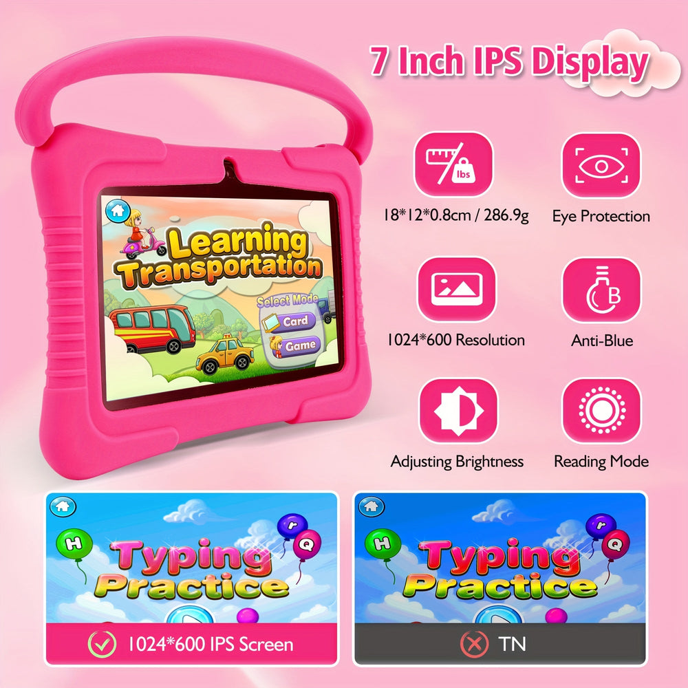 "7 inch kindertablet met oogbescherming, kleurrijk scherm en oudercontrole, ideaal voor kinderen, in siliconen hoes."