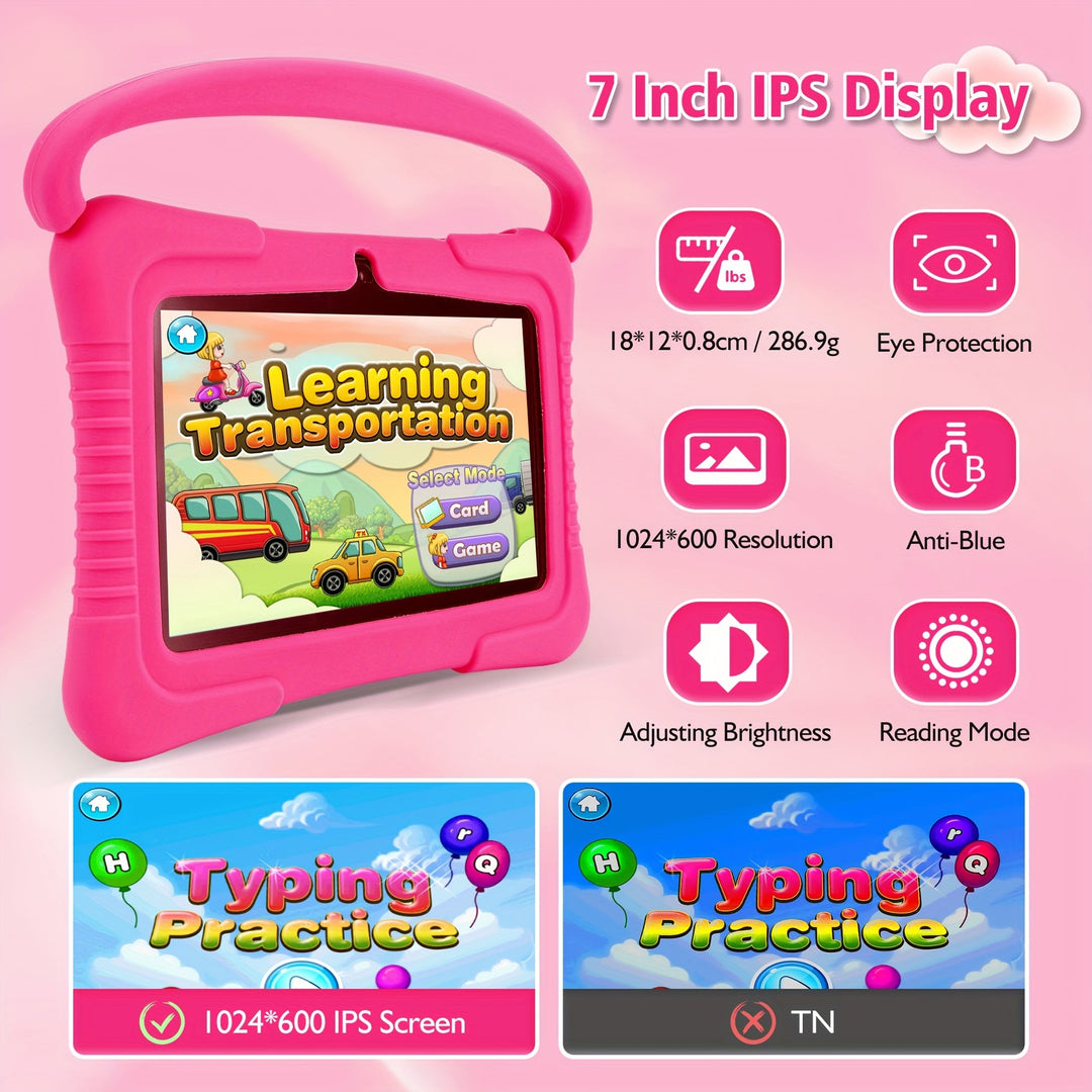"7 inch kindertablet met oogbescherming, kleurrijk scherm en oudercontrole, ideaal voor kinderen, in siliconen hoes."
