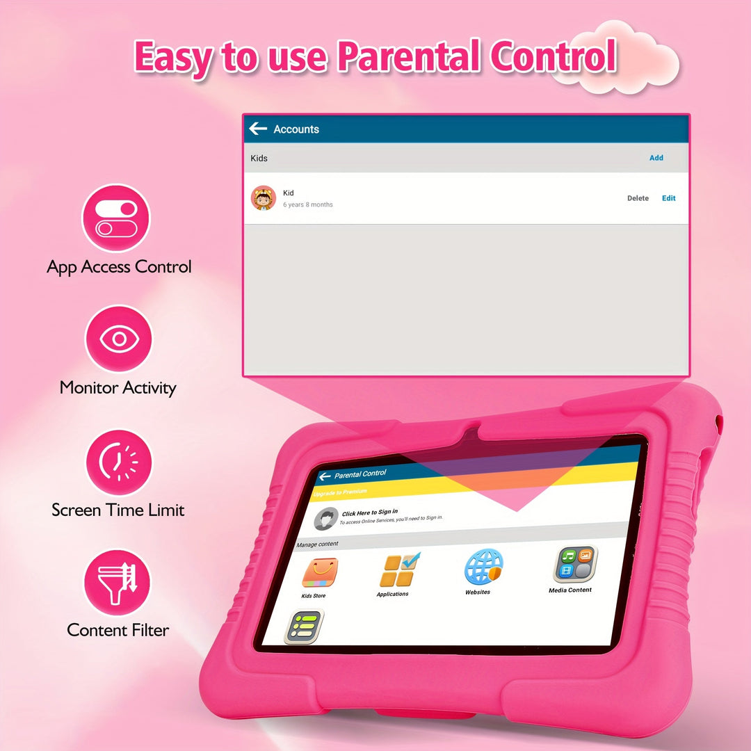 "7 inch kindertablet met oogbescherming, kleurrijk scherm en oudercontrole, ideaal voor kinderen, in siliconen hoes."