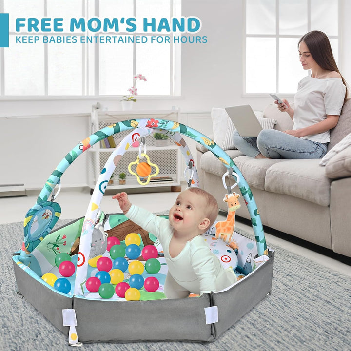 8-in-1 baby gym speelkleed, wasbaar, met kleurrijke speeltjes en ballenbak. Stimuleert zintuigen en eenvoudig te reinigen.