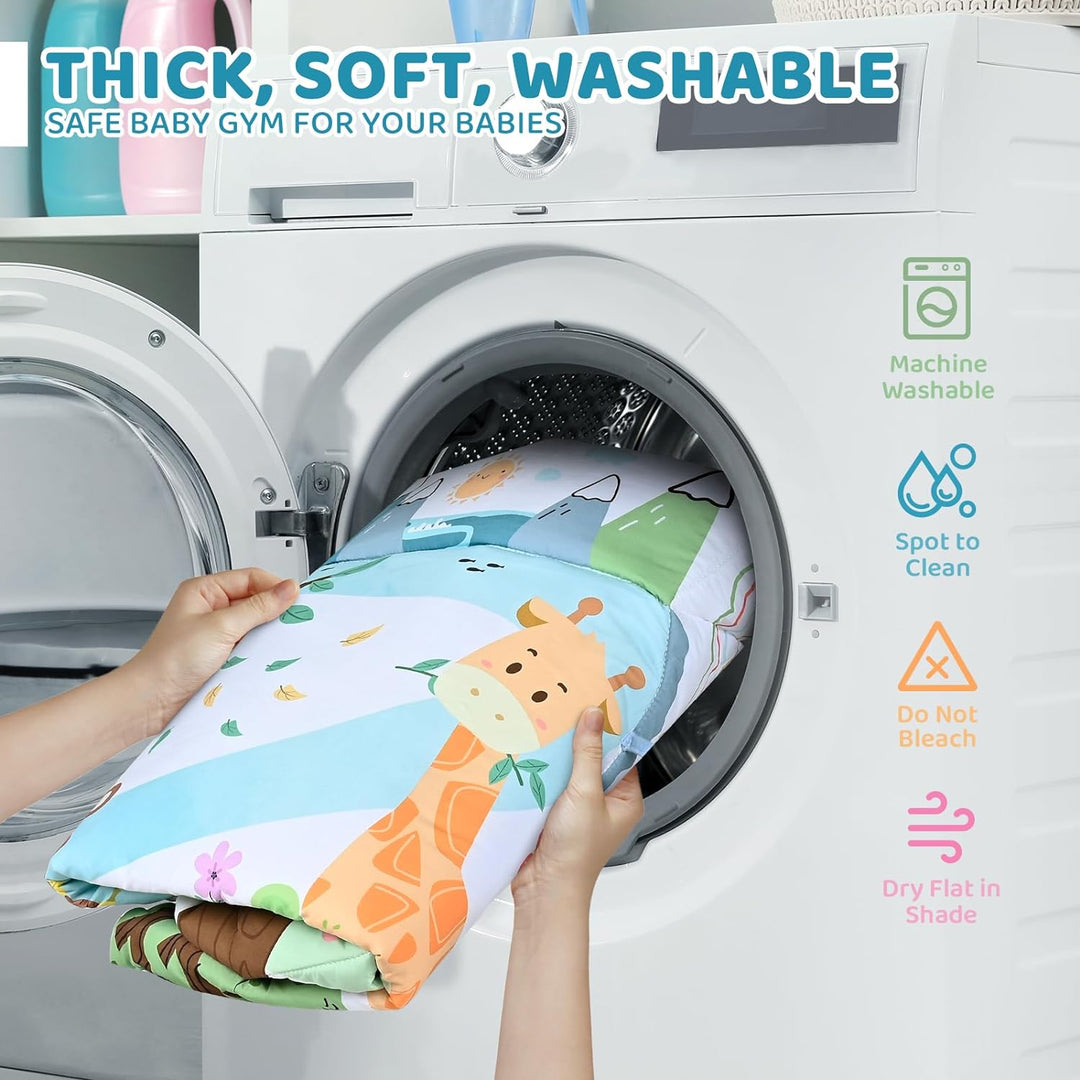 8-in-1 baby gym speelkleed, wasbaar, met kleurrijke speeltjes en ballenbak. Stimuleert zintuigen en eenvoudig te reinigen.