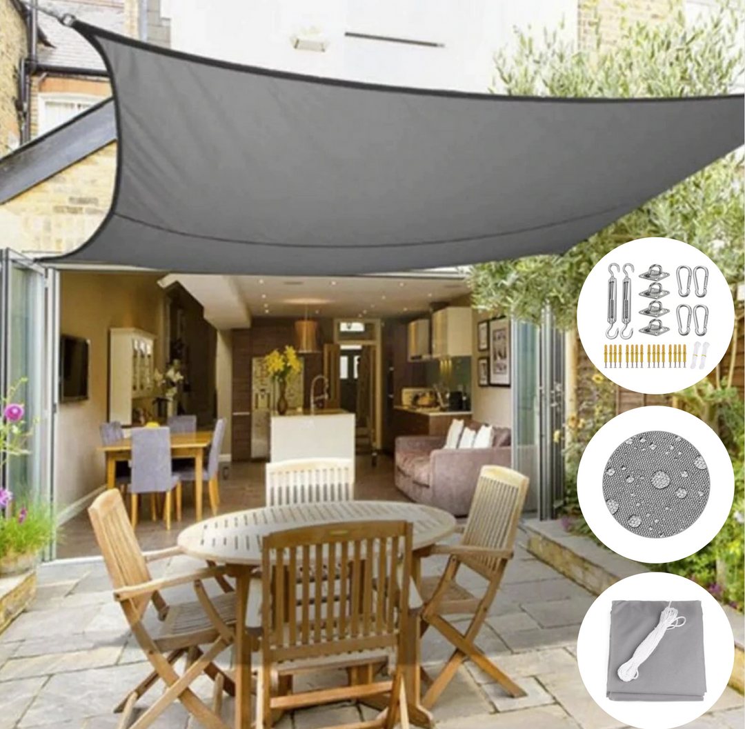 Luxe grijs vierkant schaduwdoek op terras; UV-beschermend & waterafstotend voor optimaal buitenleven.