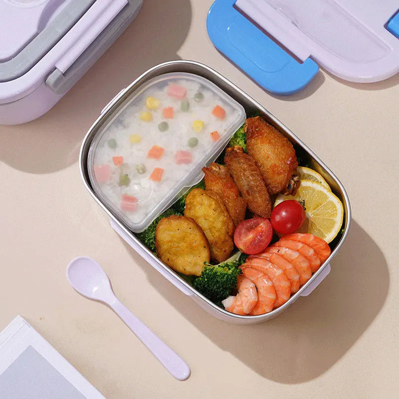 Lekvrije elektrische lunchbox met verwarmbare compartimenten; perfecte maaltijdverwarmer voor kantoorlunch.
