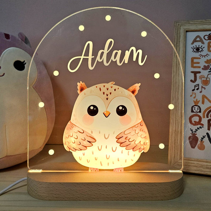 Uniek dierennachtlampje voor kinderen met naam; personaliseerbaar cadeau van plexiglas, zachte LED gloed.