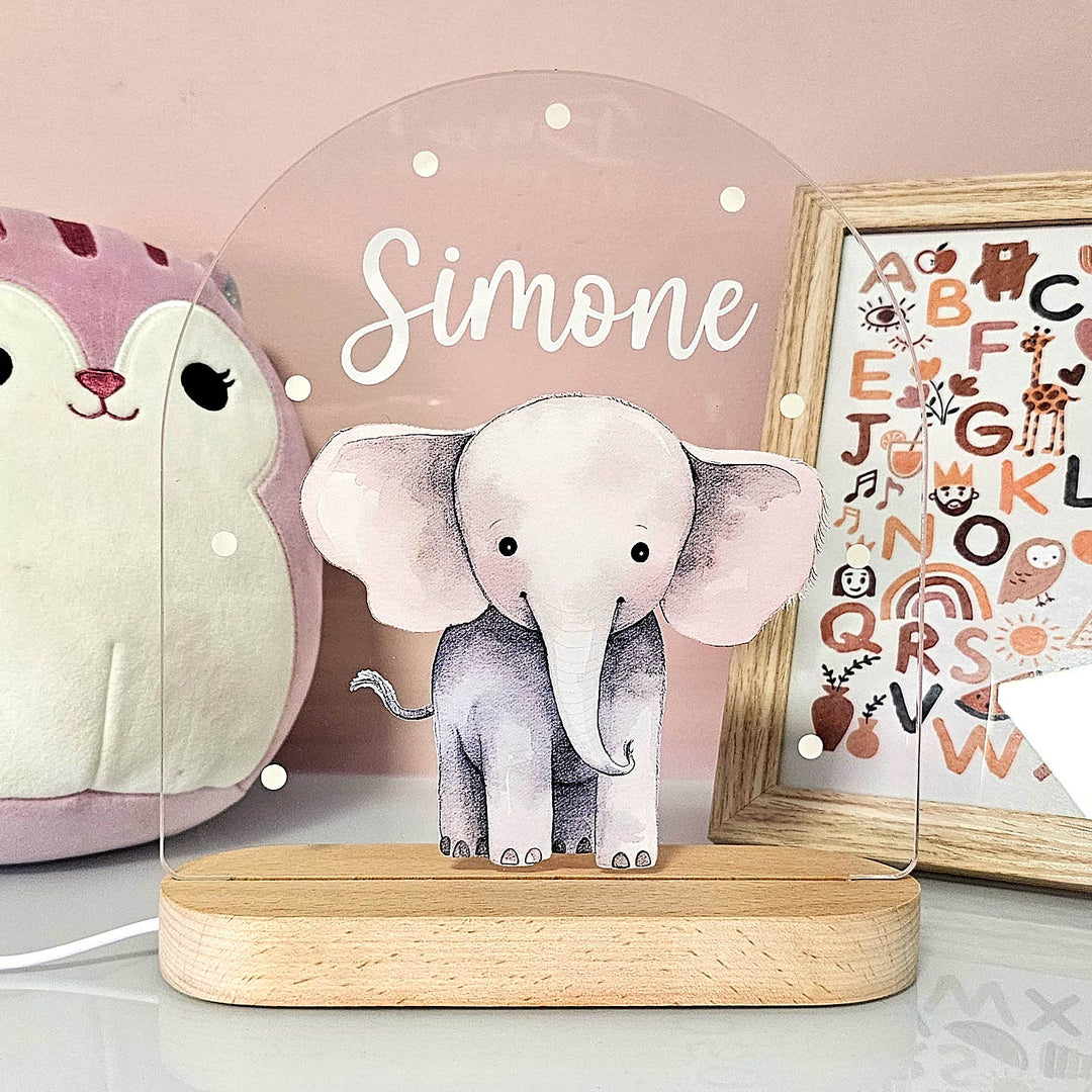 Uniek kinderlampje van plexiglas; dierennachtlampje met gepersonaliseerde naam, ideaal geboortecadeau.