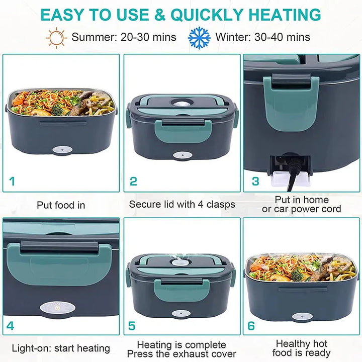Close-up van de robuuste HeatBox elektrische lunchbox, 60W, voor veilig en lekvrij verwarmen van maaltijden.